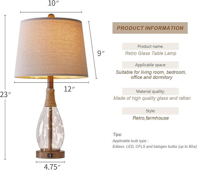 OYEARS Table Lamp Sets of 2,Lamps for Living Room,Bedside Lamps with USB A+C and Nightlight,Retro Farmhouse Rattan Glass,for Bedroom Living Room Bedroom,Two Light Points,23" - Bloomnest