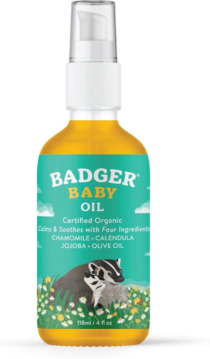 Badger Baby Oil, 100% Organic Ingredients to Soften & Moisturize Dry Skin or Cradle Cap, Soothing Vegan Organic Baby Oil, 4 fl oz Glass Bottle - Bloomnest