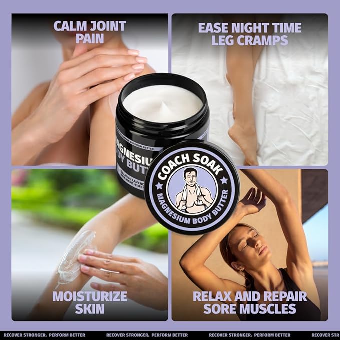 Coach Soak Recovery Bath Soak & Nighttime Magnesium Body Butter Bundle - Calming Lavender Scent - 3lb Bath Salts & 8oz Body Cream with Essential Oils, Magnesium & Shea Butter - Bloomnest