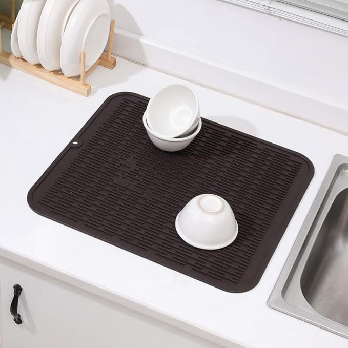 Silicone Dish Drying Mat for Multiple Usage,Easy clean,Eco-friendly,Heat-resistant Silicone Mat for Kitchen Counter or Sink,Refrigerator or Drawer Liner Coffee XL 18 inches x 16 inches - Bloomnest