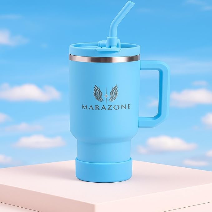 40 oz Insulated Tumbler with Handle and Straw – Stainless Steel Double Wall Vacuum Cup Fits Car Cup Holder, Hot Cold Travel Mug, BPA Free Reusable Water Bottle Gift for Women Men - Sky Blue - Bloomnest
