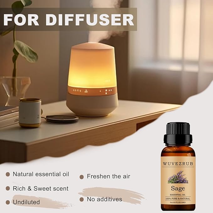 Sage Essential Oils 10ML, 100% Pure and Natural Essential Oil for Aromatherapy Diffuser - 0.33 Fl Oz/Sage WUVEZRUB