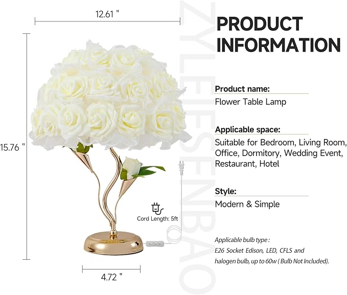 White Flower Lamp Beautiful Rose Bedside Lamp Romantic Bouquet Night Light Rose Flower Table Lamps for Princess Girl Wedding Birthday Christmas Valentine Bedroom Livingroom Office Deco - Bloomnest