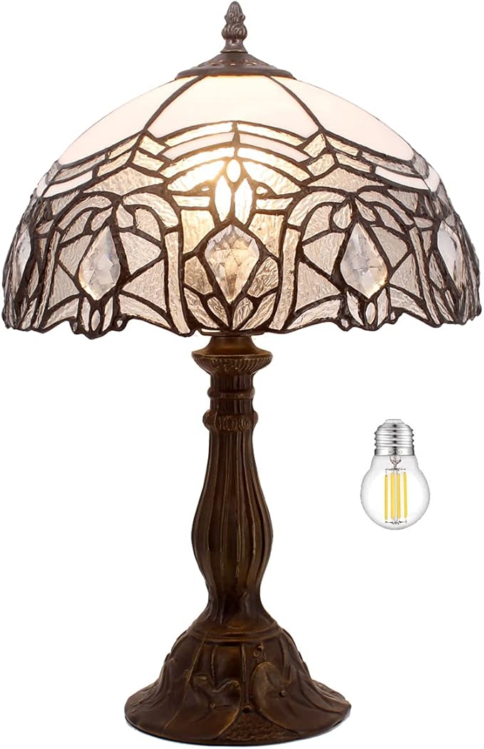 WERFACTORY Tiffany Lamp White Bent Stained Glass Bedside Table Lamp Desk Reading Light 12X12X18 Inches Decor Bedroom Living Room Home Office S508W Series - Bloomnest