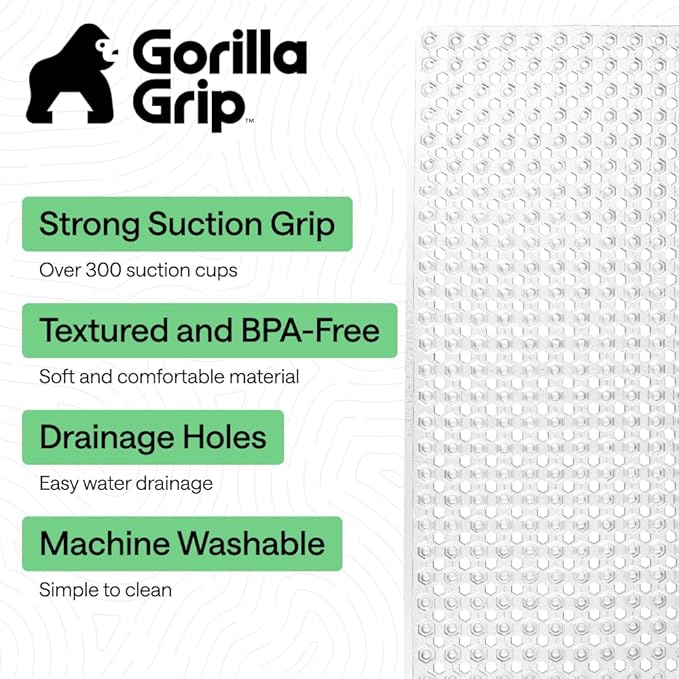 GORILLA GRIP Patented Bath Tub Shower Mat, 2 Pack, Machine Washable Bathtub Floor Liner Mats, Suction Cups and Drain Holes to Keep Tubs Clean, Soft on Feet, Bathroom Essentials, 35x16 Inch, Clear - Bloomnest