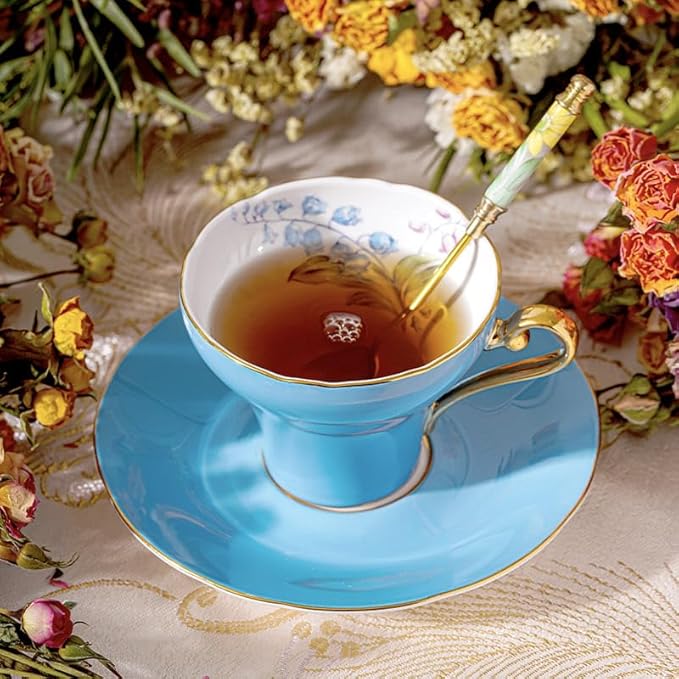 Aynsley Handpainting Colored Glaze Lily of the Valley Corset Fine Bone China English Tea Cup and Saucer Set, 6.1 oz (Turq) - Bloomnest