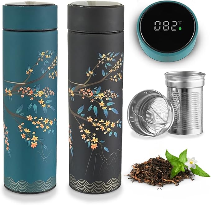 Farasi Set of Two Tea Infuser Bottle for Hot and Cold Infusions for Loose Leaf Tea Smart Water Bottle with Fahrenheit Temperature Display, Stainless Steel, Insulated Infuser Bottle - 15 oz - Bloomnest