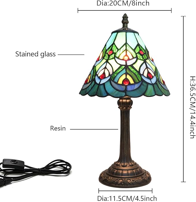 Green Peacock Decor Small Tiffany Style Table Lamp Antique Stained Glass Lamps Vintage Bedroom Bedside Reading Light Living Room Hotel Bar Kitchen Home Red Glass Bead Cute Accent Night Light 8 Inch - Bloomnest