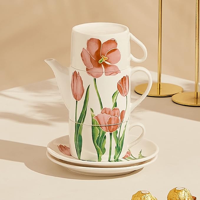 Ceramic Tea Set for Two, 13.6oz Teapot with Infuser, Stacked Kettle Two Cup and Saucer with Handpainted Flower Pattern, Office Home Gift for Women and Adults, Style 4 - Bloomnest