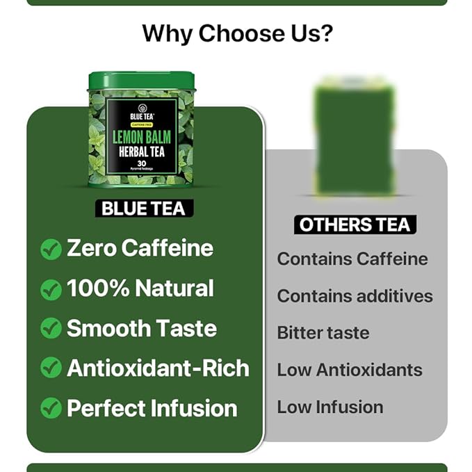 BLUE TEA - Lemon Balm Tea - 30 Count - Pyramid Plant Based Tea Bag | RELIEVES STRESS - IMPROVES DIGESTION | Reduces Bloating | Refreshing Citrus Flavour - Leaf Based - Caffeine Free | Tin Pack - Bloomnest