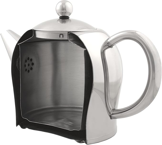 bredemeijer Santhee Double Walled Teapot, 1.0-Liter Stainless Steel Glossy Finish with Glossy Accents