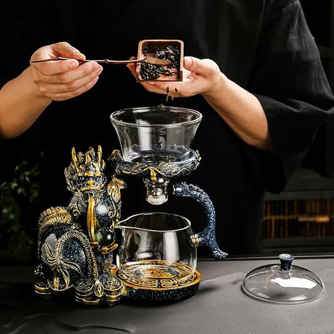 Glass Teapot Set with Infuser Semi Automatic Dragon Tea Set with 6 Small Cups (Blue golden dragon) - Bloomnest