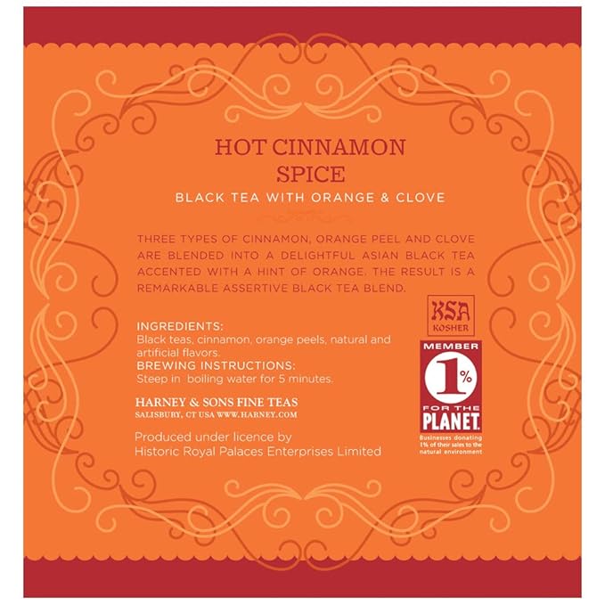 Harney & Sons Hot Cinnamon Spice Tea Tin - Black Tea with Orange & Sweet Clove - 2.67 Ounces, 30 Sachets - Bloomnest