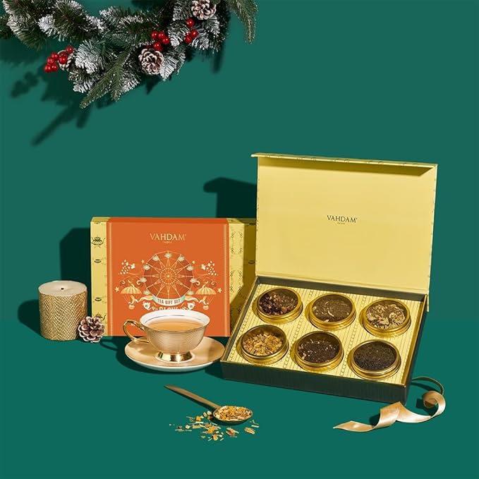 VAHDAM, GLOW - Assorted Christmas Tea Gift Sets (6 Loose Leaf Tea) Tin Caddy Presentation Box | Gluten Free, Non GMO | Holiday Gifts for Everyone - Bloomnest