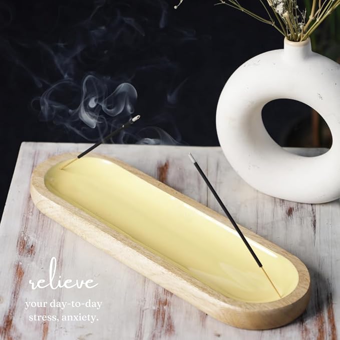 The Art Box Wooden Yellow Incense Burner Holder, Modern Ash Catcher - Insense Tray for Table Décorations Meditation & Yoga - Great Gift for Any Occasion - 11x4 Inch - Bloomnest
