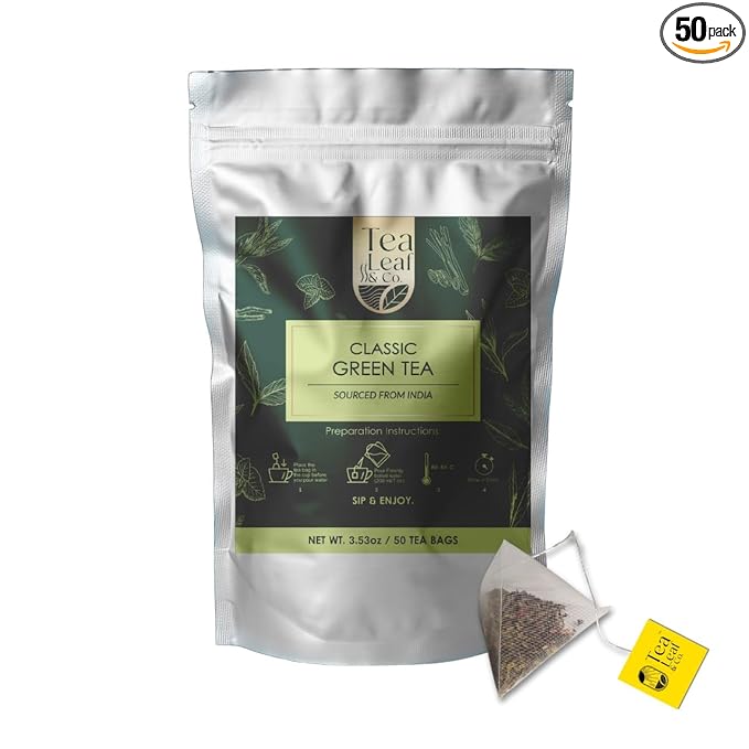 Classic Green Tea Bags (3.53oz/100gm), Loose Leaf 50 Pyramid Teabags, Blended with Fresh Herbs and Spices, Organic Herbal Tea, Low Caffeine Gluten Free - Bloomnest