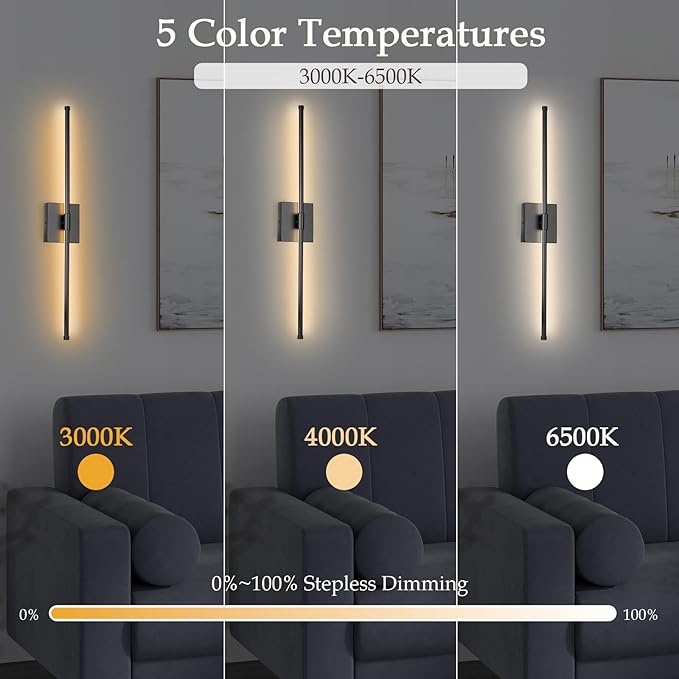 LED Wall Sconces with Remote Control, 5 Colors 3000K-6500K & Dimmable, Hardwire Wall Light with Timer & Night Light, LED Black Wall Lamps for Living Room, Bedroom, 27.55 Inch - Bloomnest