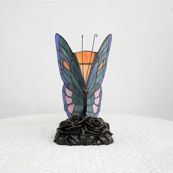 Small Teal and Green Tiffany Style Butterfly Table Lamp for Girls Gift Cute Fun Bedside Desk Lamps Stained Glass Lamp Colorful Vintage Art Unique Bedroom Nightstand Decor Accent Night Light Rose Base - Bloomnest