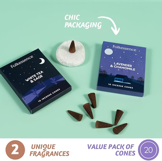 Folkulture Incense Cones Scented | Set of 2 Inscents-Cones (20 Cones) | Lavender, White Tea, Sage & Chamomile | Variety Pack Insence Cone for Relaxation and Meditation