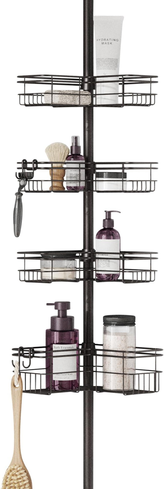 Zenna Home Tension Pole Shower Caddy Corner Organizer, Adjustable Standing Shower Caddy with 4 L-shaped Baskets and Hooks, Rust Resistant Bathroom Tension Rod Organizer, 60 to 97 Inch, Bronze - Bloomnest