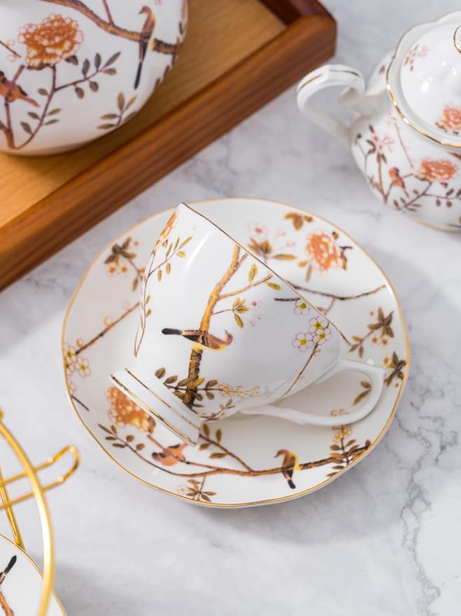 Jusalpha Fine China Bird Tree Pattern Coffee Cup/Teacup Set, 8 OZ Cups& Saucer Service for 4, with Teapot-Sugar Bowl-Cream Pitcher Teaspoons and tea strainer for Tea/Coffee, 17-Pieces (Bird Tree) - Bloomnest