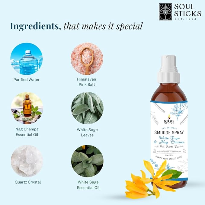 SOUL STICKS White Sage & Nag Champa Smudge Spray – 3.5oz Smokeless Cleansing Mist with Quartz Crystals – Spiritual Aromatherapy Spray for Meditation, Yoga, Home Energy Clearing & Relaxation SoulSticks