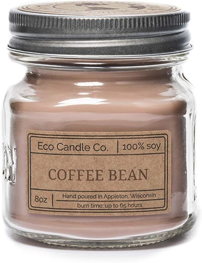 Eco Candle Co. Mason Jar Candle, Coffee Bean, 8 oz. - Scents of Coffee Beans & Hazelnut - 100% Soy Wax, No Lead, Kraft Label & Antiqued Pewter Lid, Hand Poured, Made from Midwest Grown Soybeans - Bloomnest