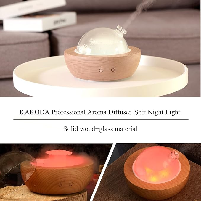 Glass Essential Oil Diffuser,Real Wood Base,The 2025 Upgrade Aromatherapy Diffuser,Aroma Diffuse Humidifier,LED Light in 7 Colors，Suitable for Home Office Bedroom（Non-Glass Reservoir） - Bloomnest