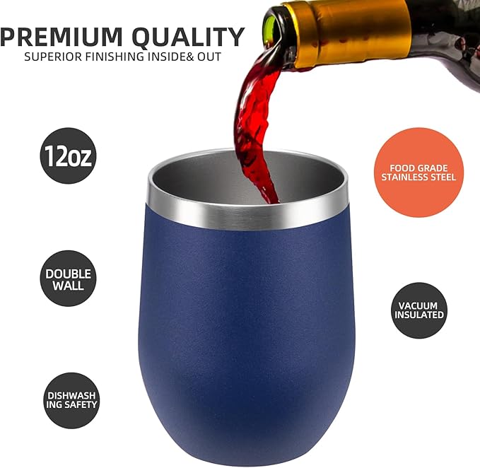 12 oz Insulated Wine Tumbler with Lid and Straw,Stainless Steel Stemless Wine Tumbler Double Wall Vacuum Wine Cups Tumbler Bulk for Coffee,Champaign,Cocktail,Office(Black/White/Navy blue/Dark blue) - Bloomnest