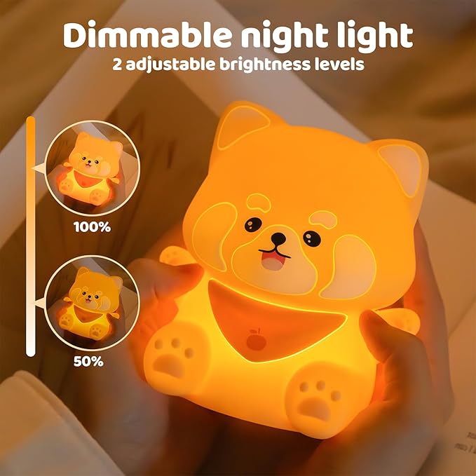 Cute Red Panda Night Light,Rechargeable Lamp for Kids Room with Timer,Cute Stuff Desk Decor Dimmable Touch Silicone Animal Night Light for Kids,Squishy Lamp for Baby Nursery Bedroom - Bloomnest