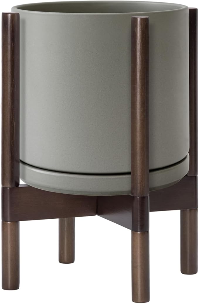 D'vine Dev Ceramic Planter with Walnut Color Stand - 10 Inch Modern Round Flower Pot with Wood Planter Holder, Grey, 55-B-X-3 - Bloomnest
