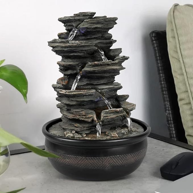 15.7” High Rock Falls Tabletop Water Fountain with LED Lights - 5-Tier Indoor Relaxation Waterfall Fountain, Small Cascading Water Feature for Home and Office Decor Gray-1