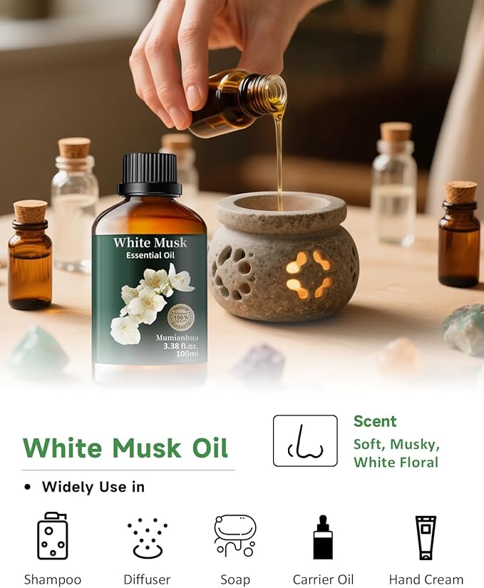 Mumianhua White Musk Oil 100% Pure- Therapeutic Grade Aromatherapy White Musk Essential Oil for Diffuser, Skin & Body Care, Women & Men, Natural Perfume & Candle Making 3.38 Fl Oz - Bloomnest