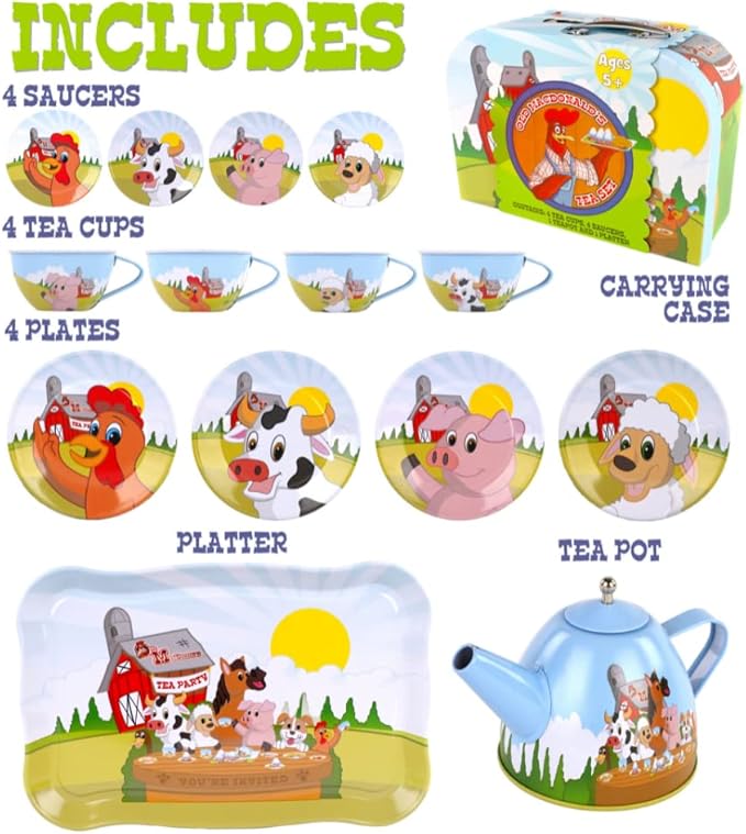 Regal Games Old Macdonald’s Tea Time - Barnyard Animal Designed Kid's Tea Time Set - Includes 1 Teapot, 4 Cups, 4 Saucers, 1 Platter & Storage Case - Ideal Birthday & Easter Gift for Ages 5+