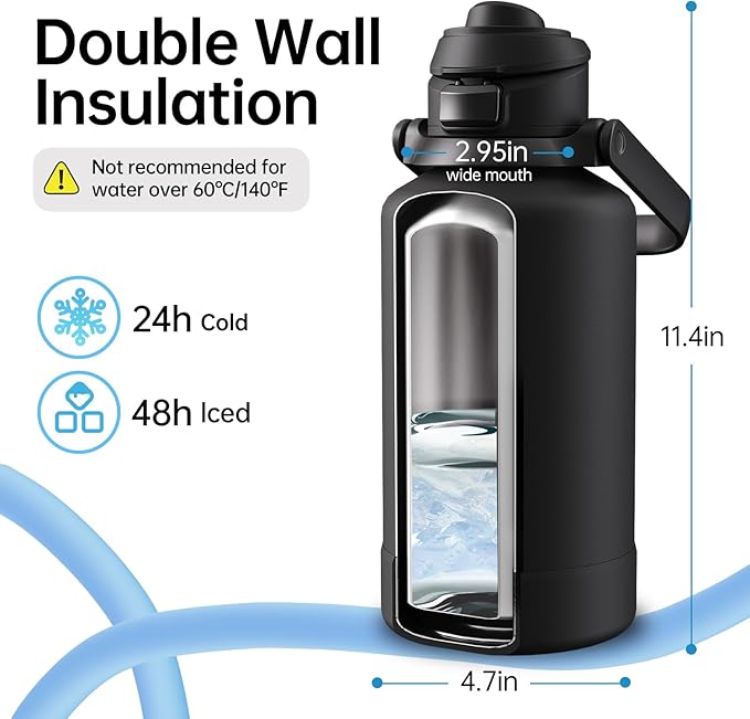 64oz Insulated Magnetic Water Bottle - Stainless Steel Vacuum Flask with MagSafe Compatible Phone Holder Keeps Drinks Cold for 24 Hours Water Jug for Gym and Outdoor Activities（Balck) Magcheer