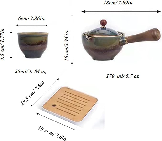 Ceramic Portable Travel Tea Set, Chinese Kungfu Tea Set with 360 Rotation Teapot and Infuser, 4 Tea Cups, Tea Tray And Travel Bag (Kiln Variant)