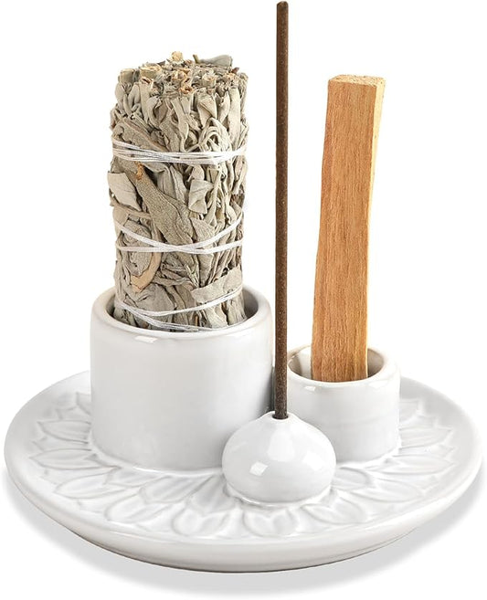 Palo Santo Sticks Holder, Multi-Purpose Handmade Ceramic Incense Burner for Palo Santo Incense Sticks, Sage Holder for Burning, Ash Catcher Tray for Meditation Yoga Room (White) ToolSentryX