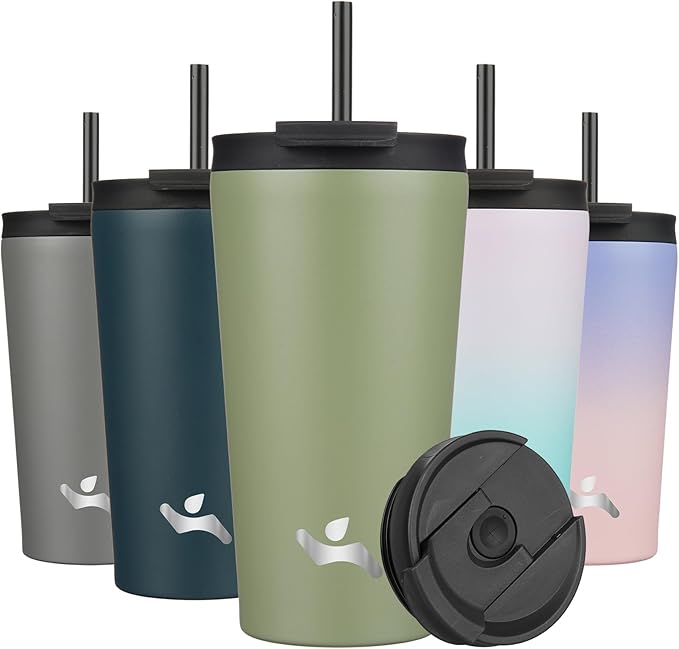 18 OZ Insulated Tumbler with Lid and 2 Straws Stainless Steel Water Bottle Vacuum Travel Mug Coffee Cup,ArmyGreen - Bloomnest