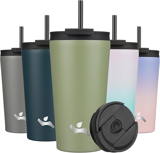 18 OZ Insulated Tumbler with Lid and 2 Straws Stainless Steel Water Bottle Vacuum Travel Mug Coffee Cup,ArmyGreen - Bloomnest