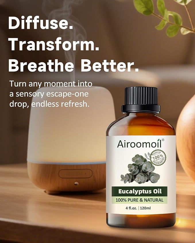 Eucalyptus Essential Oil 4 fl oz, 100% Pure Undiluted Single Note Oil for Shower Steam, Diffuser, Laundry & DIY Cleaning, Aromatherapy, Large Bottle for Home & Daily Use Airoomoil