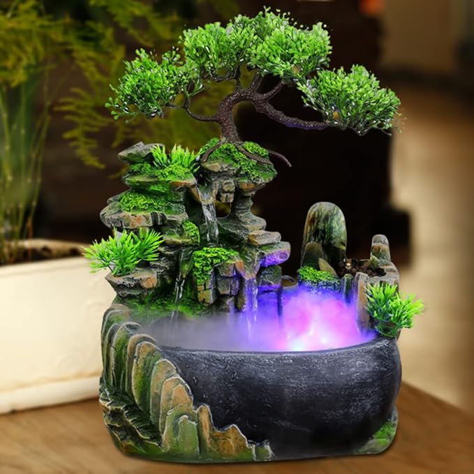 Tabletop Fountain Waterfall Fountain Indoor Humidifier with Rockery,Waterfall,Plant,Lamp Desk Fountain Desk Decorations for Office Home Bedroom US Stock