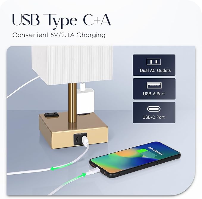 Bedside Lamp with USB Ports - Touch Control Table Lamp for Bedroom with USB C+A Ports & AC Outlets, 3 Way Dimmable Nightstand Light with Pleated Shade for Living Room(Bulb Included) - Bloomnest