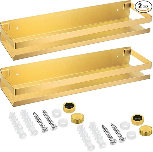 Lallisa 2 Pieces Stainless Steel Shelf Bathroom Shower Floating Shelves Wall Mounted Shower Caddy Basket Shelf Storage Organizer Shelves for Bathroom, Kitchen, Living Room (15.75 Inch/ 40 cm,Gold) - Bloomnest