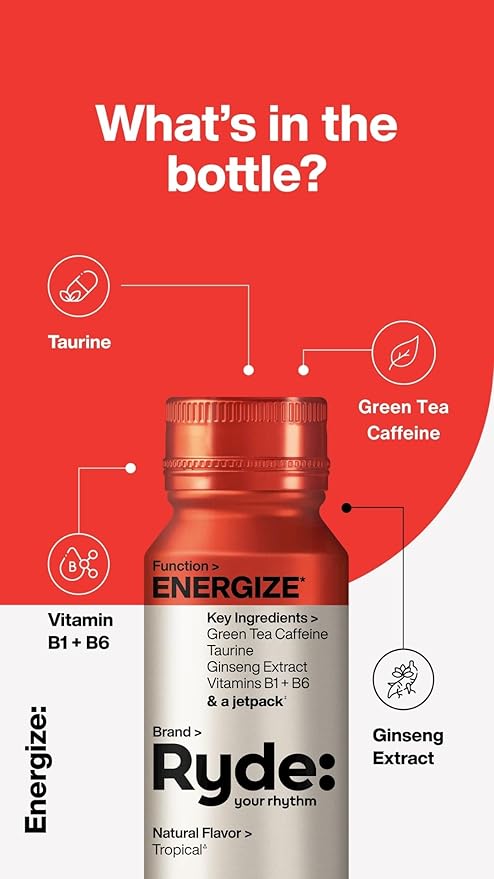Ryde: Discovery Pack | Energize, Focus & Relax Shots | Green Tea Caffeine, Taurine, Ginseng, B Vitamins, L-Theanine, Lemon Balm, Chamomile | 0 Calories, 0 Sugar | Variety Pack – Try Them All (24 Pack) - Bloomnest