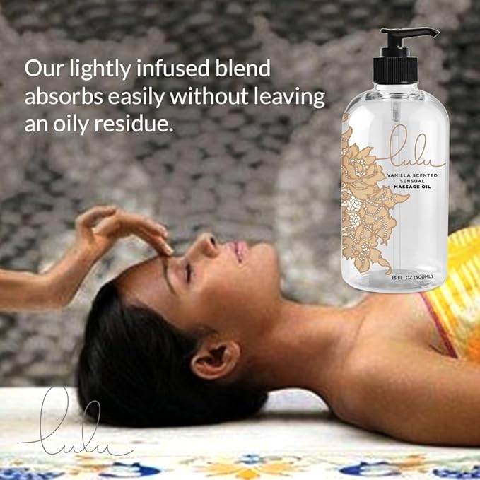 Lulu Vanilla Massage Oil with Fractionated Coconut & Cocoa Butter, Deeply Nourishing Non-Greasy Body Oil for Smooth Skin & Relaxation, for Date Night, Couples Massage & Massage Therapy, 16 fl oz Pump