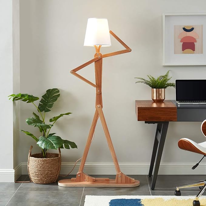 Cool Tall Floor Lamp for Living Room Bedroom Farmhouse - Corner Decorative Reading Standing Light Wood Creative Swing Arm Arc Design Gift for Kids/Boys/Girls Bedside - with LED Bulb (Ash) - Bloomnest