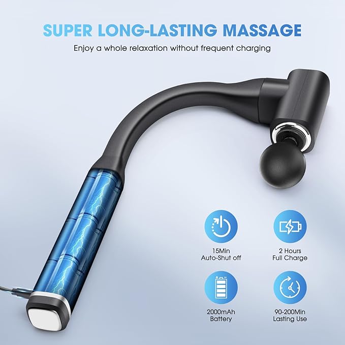 Massage Gun with Upgraded Extension Handle, Back and Neck Massage for Pain Relief, 12MM Portable Muscle Pain Relief for Back, Neck, Waist, 4 Massage Heads & 5 Speed Levels - Bloomnest
