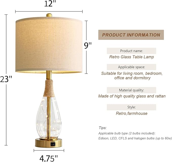 OYEARS 23" Table Lamps for Living Room Set of 2 Bedside Lamps for Night Stands Bedroom Lamps Farmhouse Rattan Boho Lamp Glass Nightlight End Table Lamp with USB C+A (Gold),Two Light Points - Bloomnest