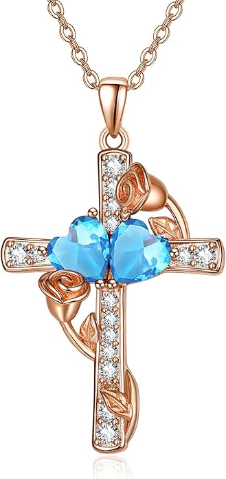 Rose Gold Dual Birthstones Cross Necklace for Women Rose Flower Jewelry Anniversary Christmas Mother's Valentine's Day Birthday Gift for Wife Girlfriend Mom - Bloomnest