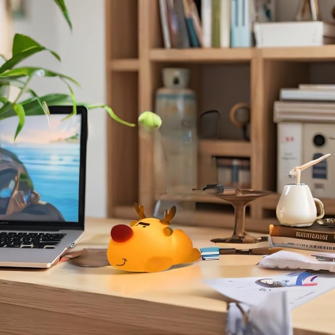 Eco-Friendly Reindeer Night Light - Energy Efficient LED Desk Lamp, Rechargerable Dimmable Nursery Soft Touch Bedside Baby Squishy Night Light, Portable Nightlight for Adults/Kids - Bloomnest